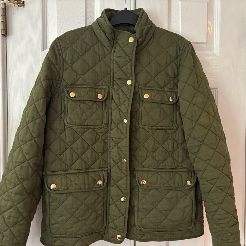 J Crew Quilted Olive Green Jacket with Gold Buttons